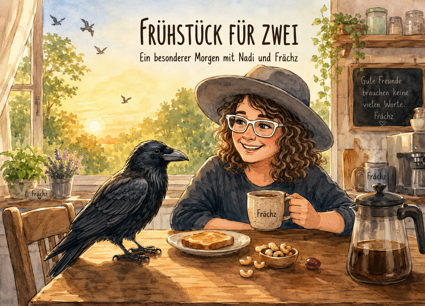Aquarell: Nadi und der Rabe Frächz beim Frühstück am Küchentisch – Frühstück für zwei