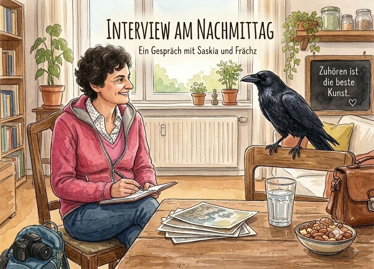 Aquarell: Saskia im Gespräch mit dem Raben Frächz