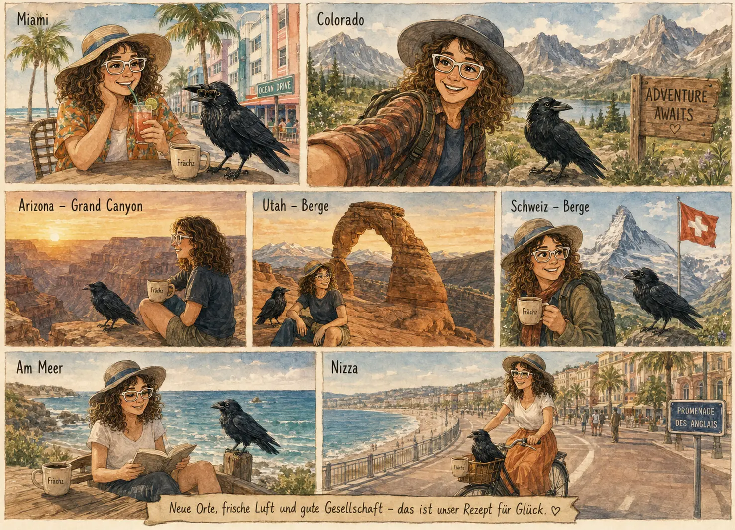 Aquarell-Collage: Nadi und der Rabe Frächz auf Urlaub in Miami, Colorado, Arizona, Utah, der Schweiz, am Meer und in Nizza